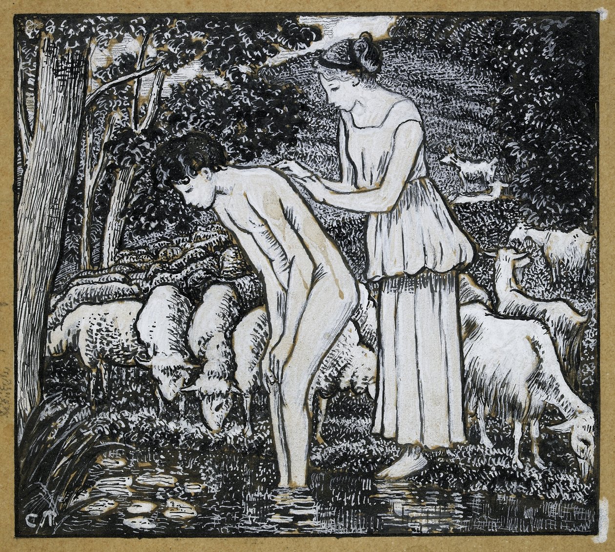Chloë mytí Dafnis u potoka, kompoziční studie pro ilustraci k 