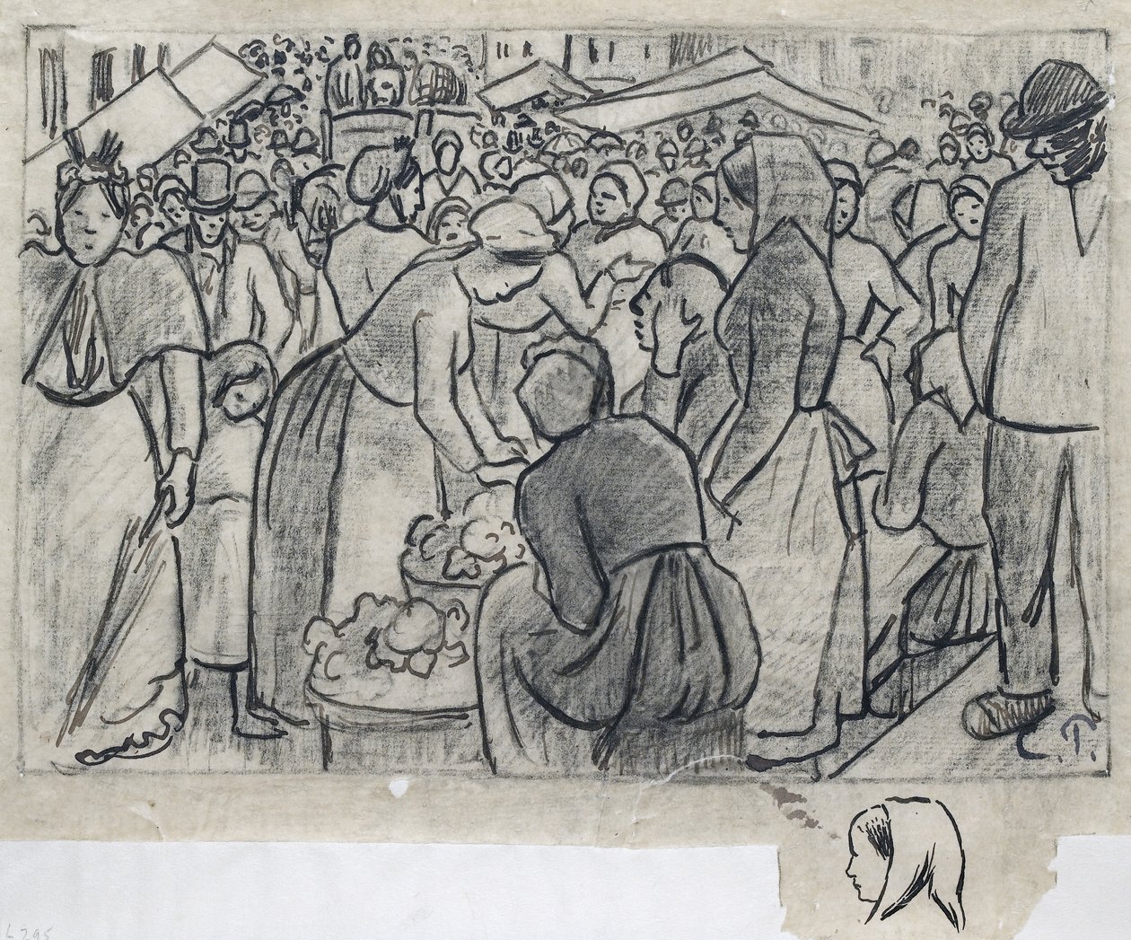 Kompoziční studie pro „Trh Gisors (rue Cappeville)“ se studií ženské hlavy z profilu směřujícího vlevo dole, c. 1893 (pero a tuš na uhlí a tužka na pauzovacím papíře) od Camille Jacob Pissarro