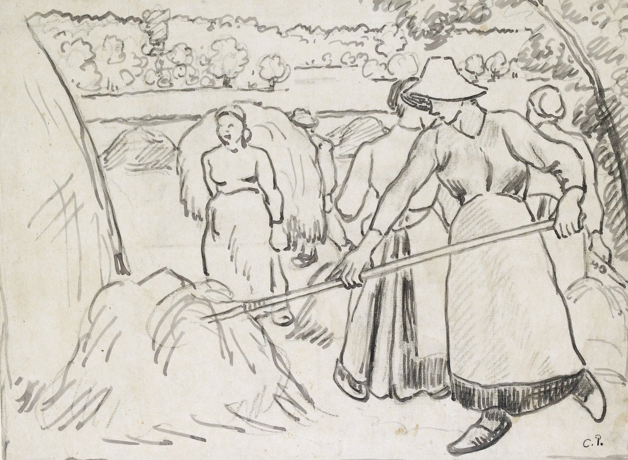 Kompoziční studie kombajnů v krajině, asi 1893 (pero a tmavá tuš na černé křídě, slabě čtverečkováno černou křídou) od Camille Jacob Pissarro