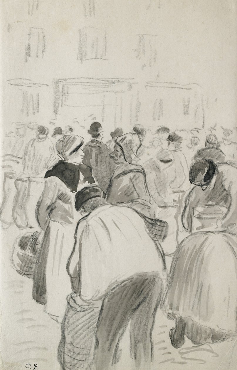 Kompoziční studie trhu v Pontoise, 1881 (černá křída a šedé lazury) od Camille Jacob Pissarro
