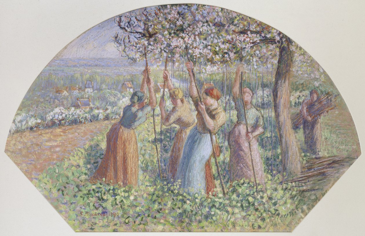 Design pro vějíře: The pea stakers, 1890 (kvaš přes černou křídu na hrubém hnědém papíře) od Camille Jacob Pissarro