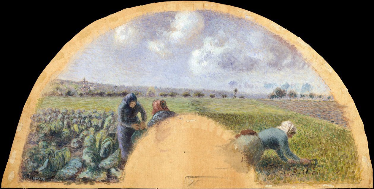 Fan Mount: The Cabbage Gatherers, cca 1878-79 (kvaš na hedvábí) od Camille Jacob Pissarro
