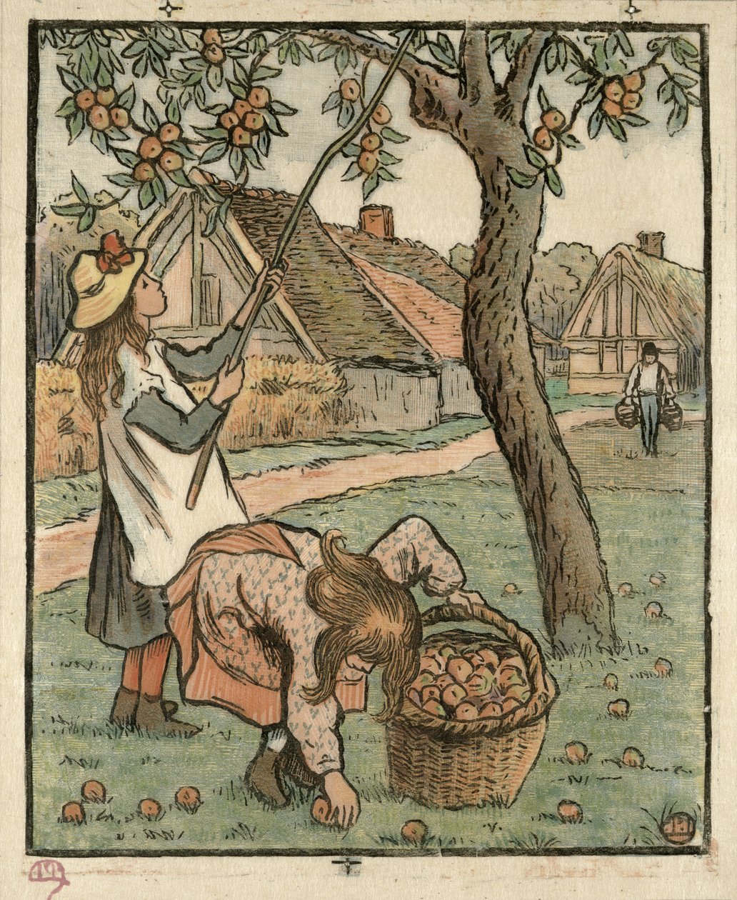 Gathering Apples, z „Travaux des Champs“, vyryl Lucien Pissarro (1863-1944), vydáno v Londýně 1893 od Camille Jacob Pissarro