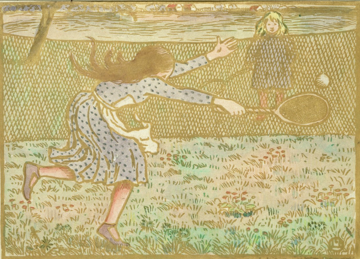 Dívky hrající tenis, z „Dřevořezů v liniích a barvách“, vyryl Lucien Pissarro (1863-1944), vydáno v Londýně 1891 od Camille Jacob Pissarro