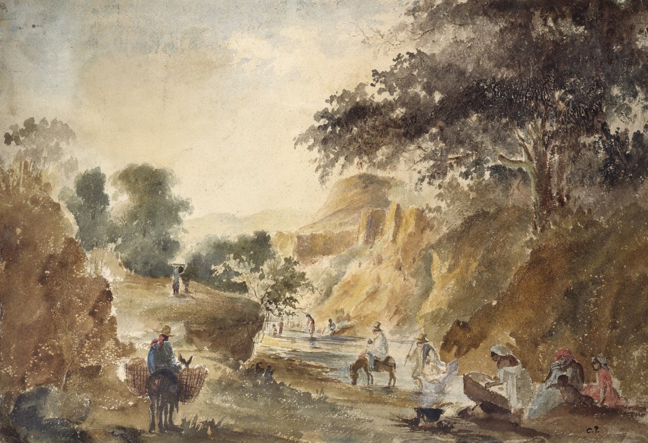 Krajina s postavami u řeky, 1853 - 1854 (akvarel nad tužkou) od Camille Jacob Pissarro
