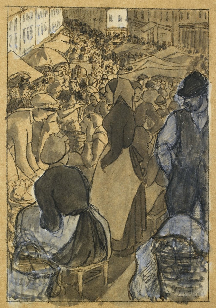Market Scene (černá pastelka s perem a černým inkoustem, šedá barva a bílá barva těla na pauzovacím papíře, položený na tuhý bílý papír) od Camille Jacob Pissarro