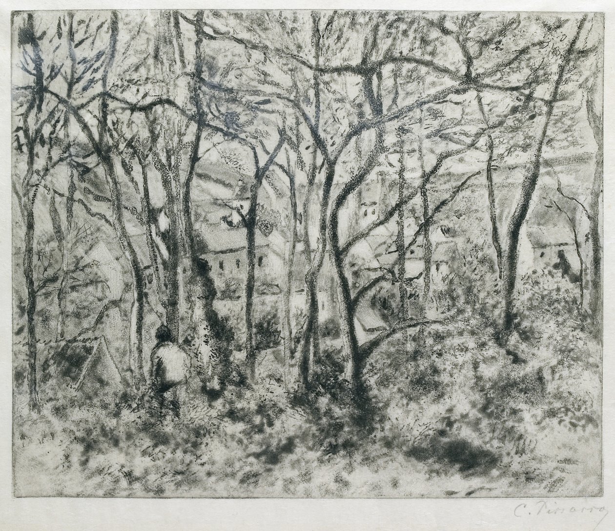 Krajina pod lesem, u Poustevny (Pontoise), 1879 (akvatinta a suchá jehla) od Camille Jacob Pissarro