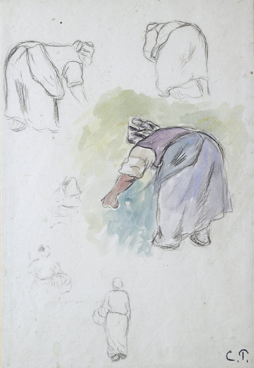 List studií: čtyři studie ohýbající se rolnice a dvě studie ženy držící košík při pohledu zepředu a zezadu, 1874 (černá křída a akvarel na dřevěném uhlí) od Camille Jacob Pissarro