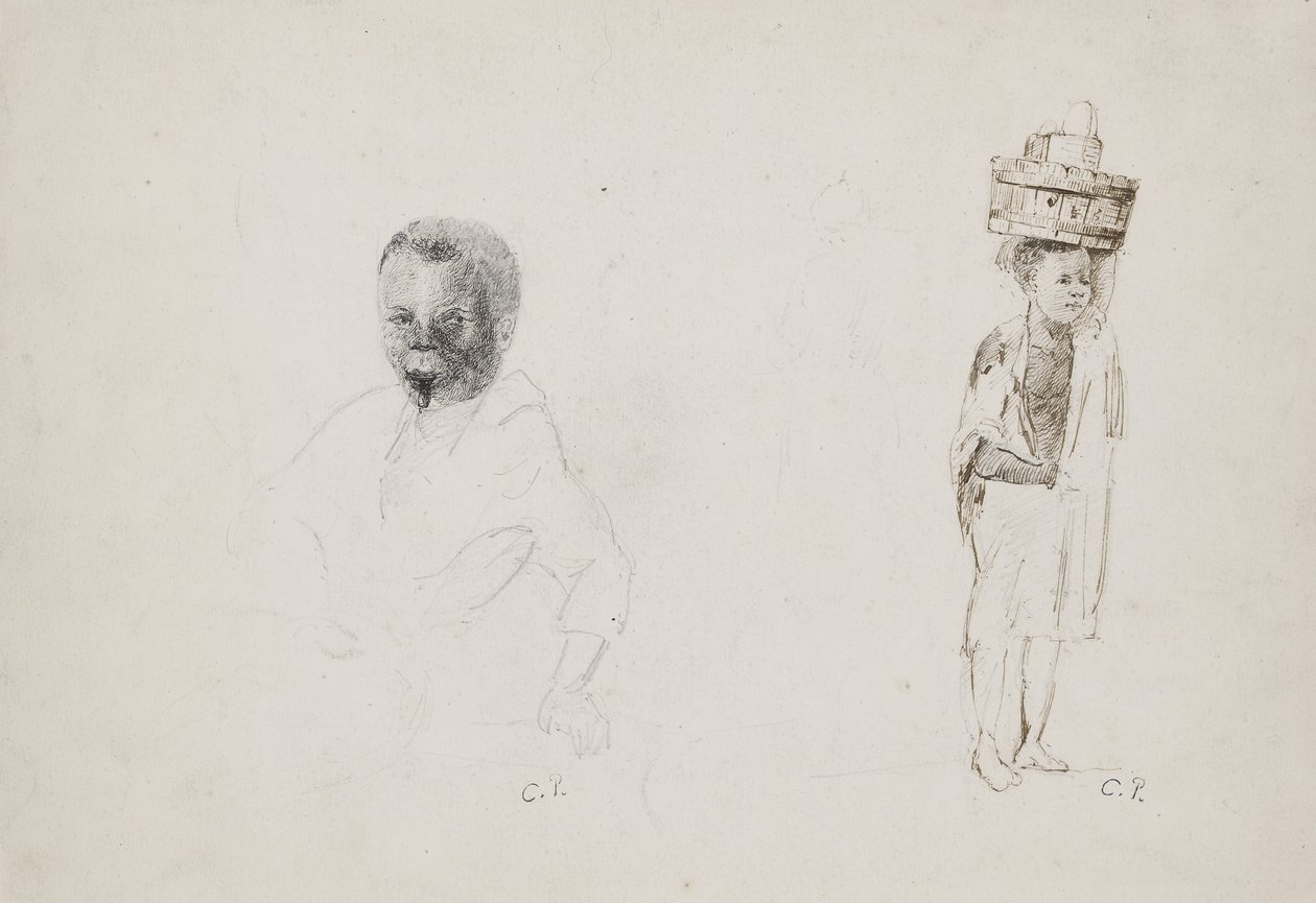 Studie dvou mladých chlapců se slabými náznaky ženské postavy, 1852 (tužka s perem a tuší na papíře) od Camille Jacob Pissarro