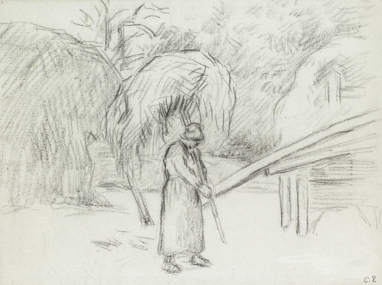 Studie rolnice nesoucí náklad sena na hospodářském dvoře ve Foucault, c. 1875 (dřevěné uhlí) od Camille Jacob Pissarro