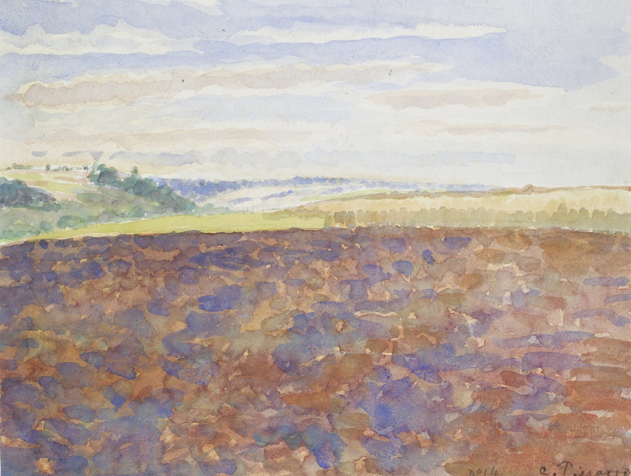 Studie krajiny s oraným polem, Eragny-sur-Epte, c. 1886 - 1890 (akvarel přes tužku) od Camille Jacob Pissarro