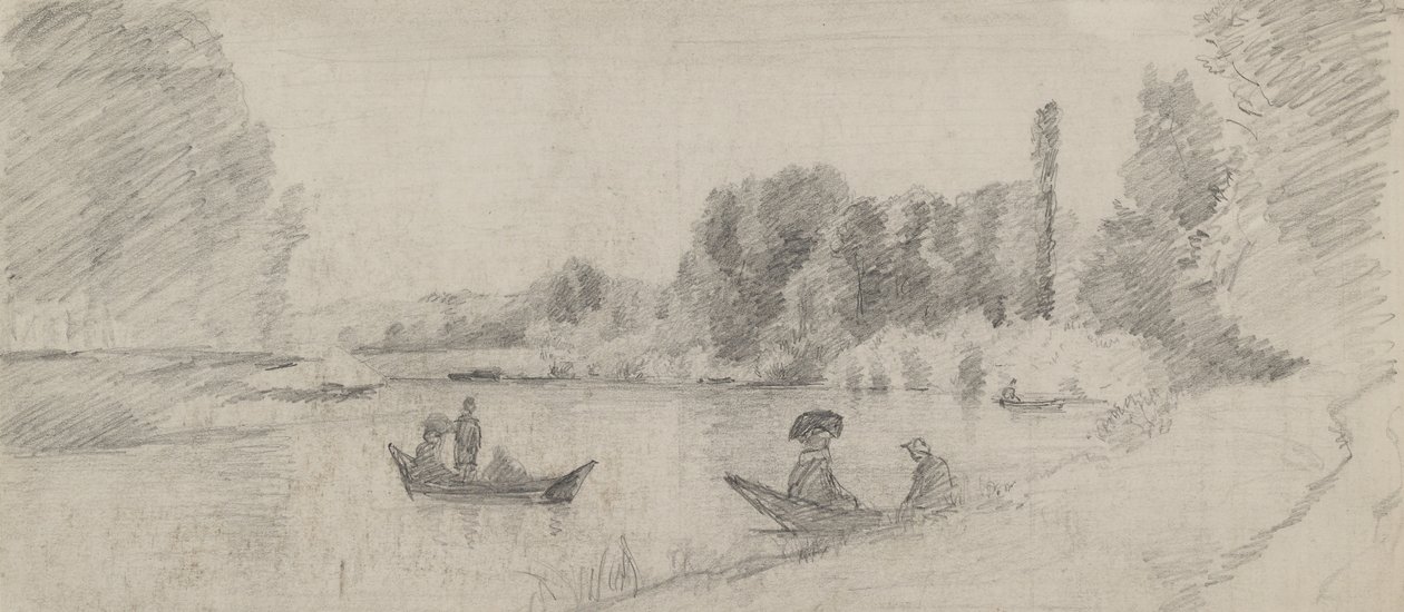 Studie říční krajiny s loděmi, 1863 - 1864 (grafit na papíře) od Camille Jacob Pissarro