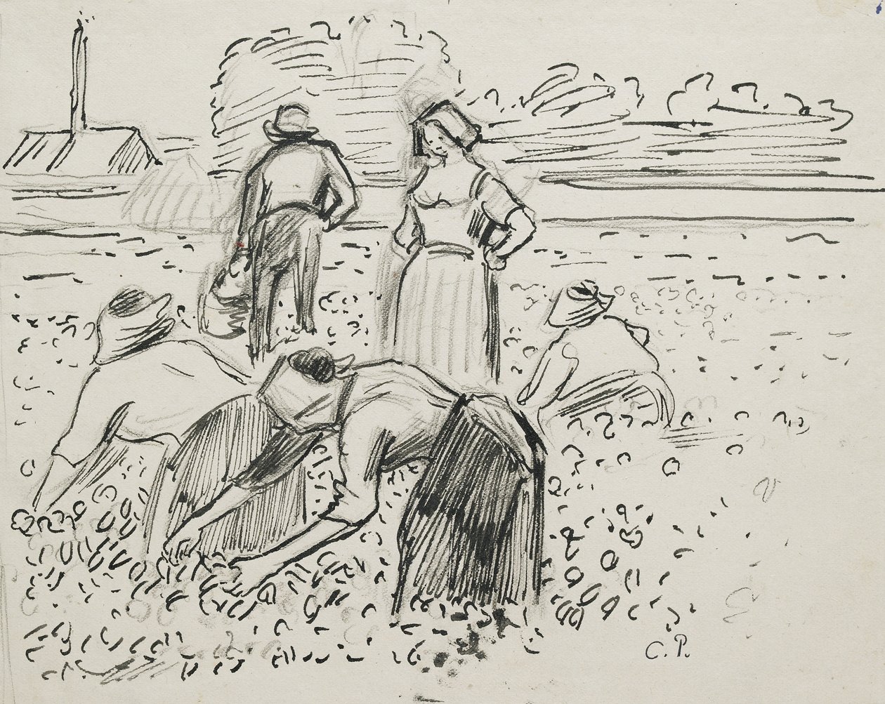 Studie pěti rolnických postav pracujících na poli, 1887 (pero a inkoust na černé křídě) od Camille Jacob Pissarro