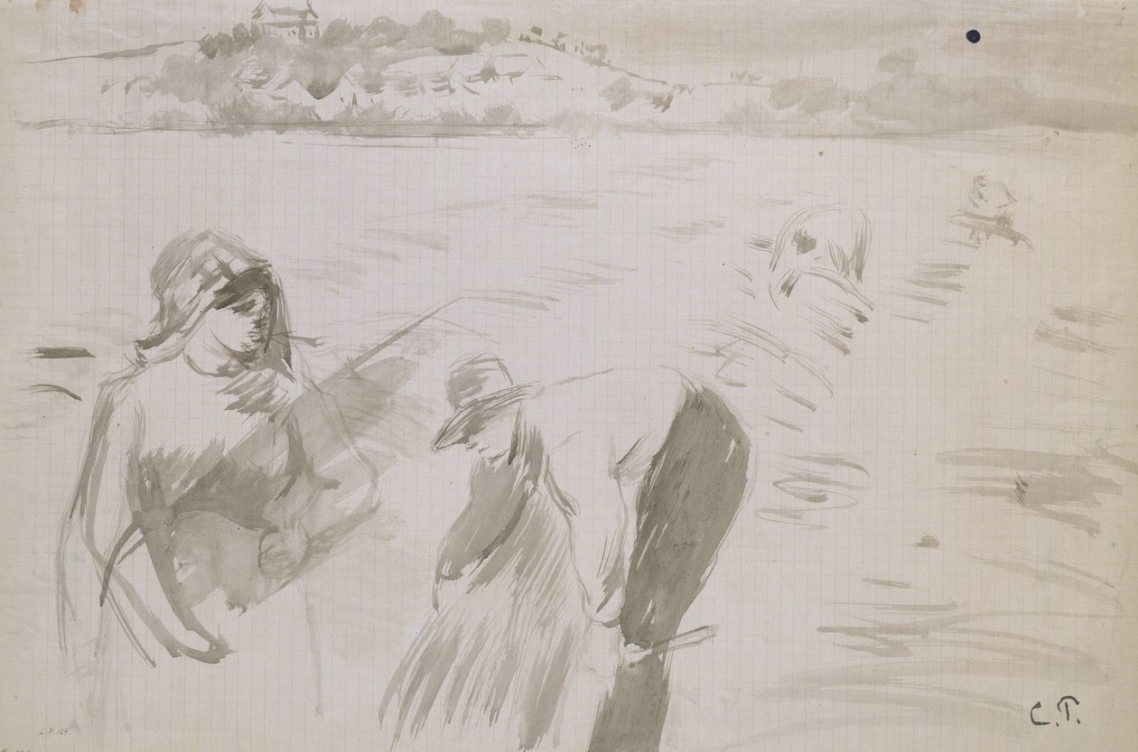 Studie kombajnů pracujících na poli poblíž Pontoise (šedá barva s hnědým inkoustem na papíře) od Camille Jacob Pissarro