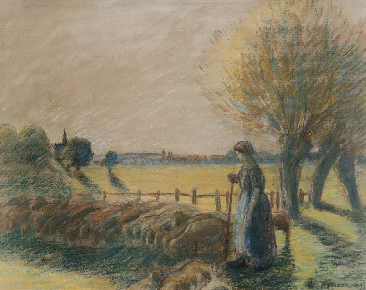 Pastýřka z Eragny (tempera a pastel se stopami akvarelu a tužky na šedém papíře) od Camille Jacob Pissarro
