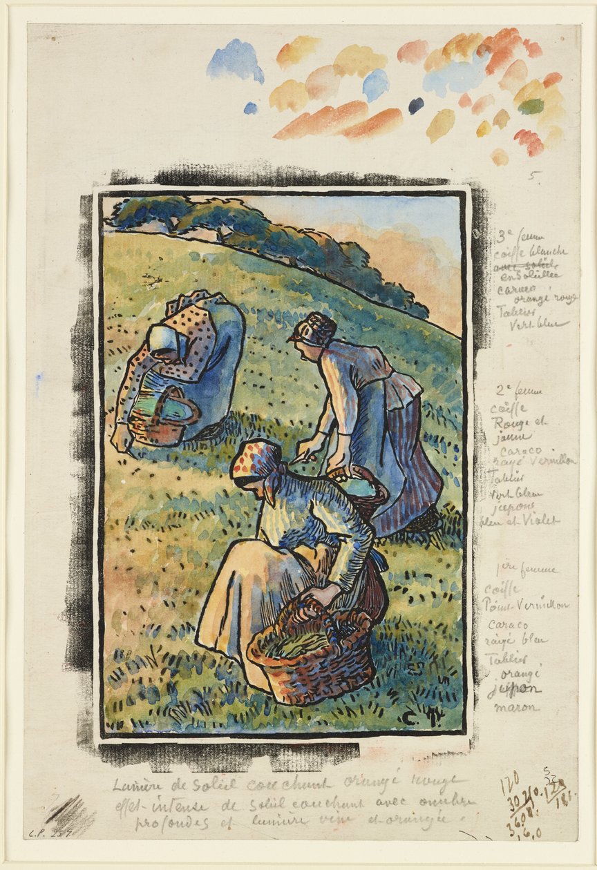 Ženy plející trávu (dřevořez a wc na papíře) od Camille Jacob Pissarro