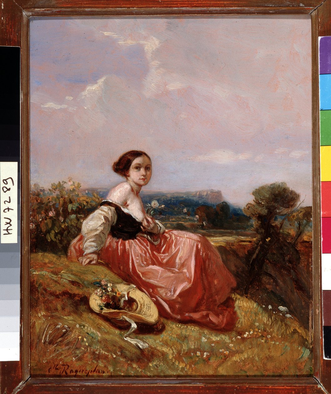 Mladá dívka v klobouku před obrazem Sainte Mountain Victoire od Camille Roqueplan (1803-1855) Rozm. 18x23 cm Povinná zmínka: Založení sbírky pozdravů z Provence, Marseille od Camille Joseph Etienne Roqueplan