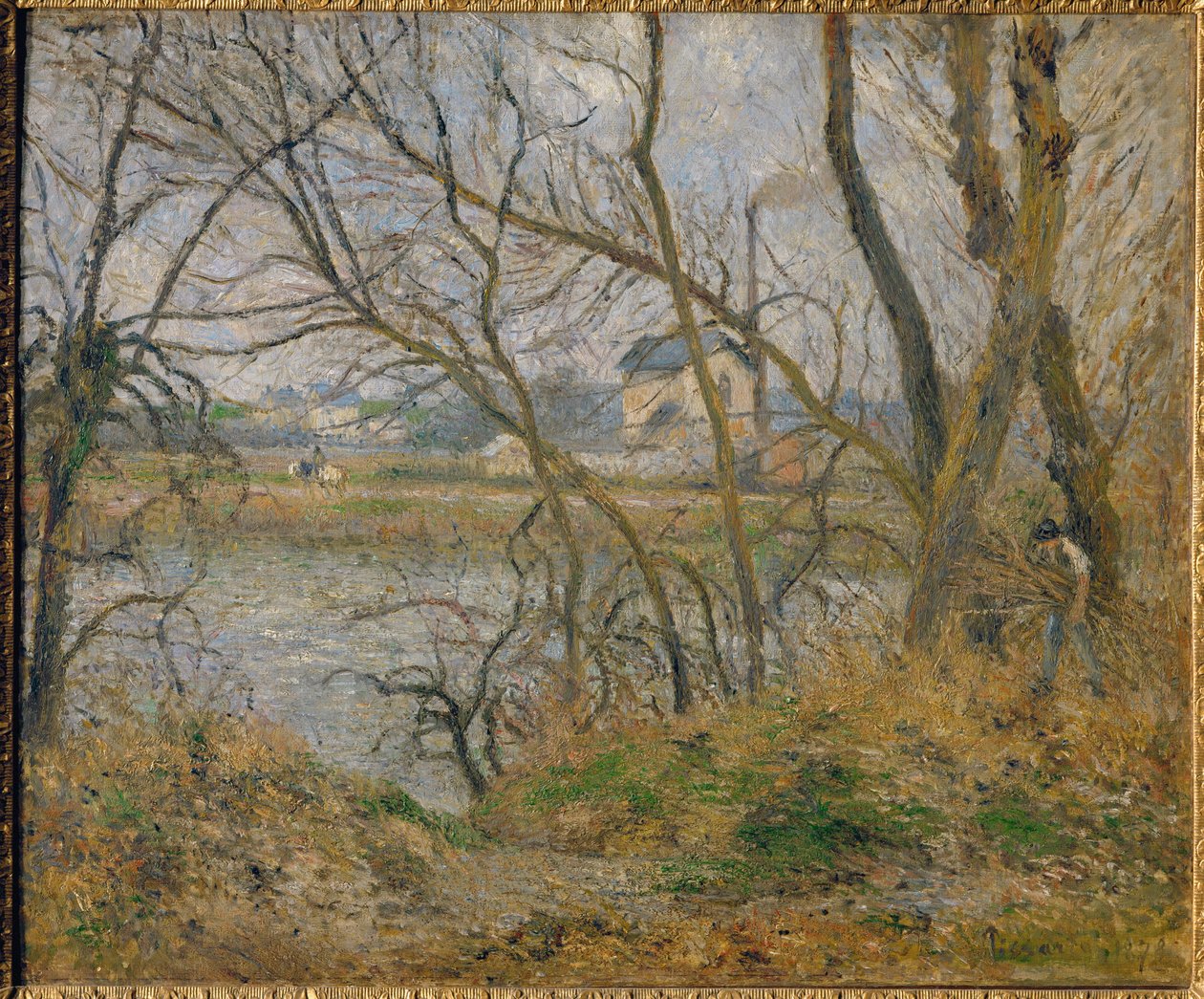 Na břehu řeky Oise nedaleko Pontoise se v šedivém počasí ... od Camille (after) Pissarro