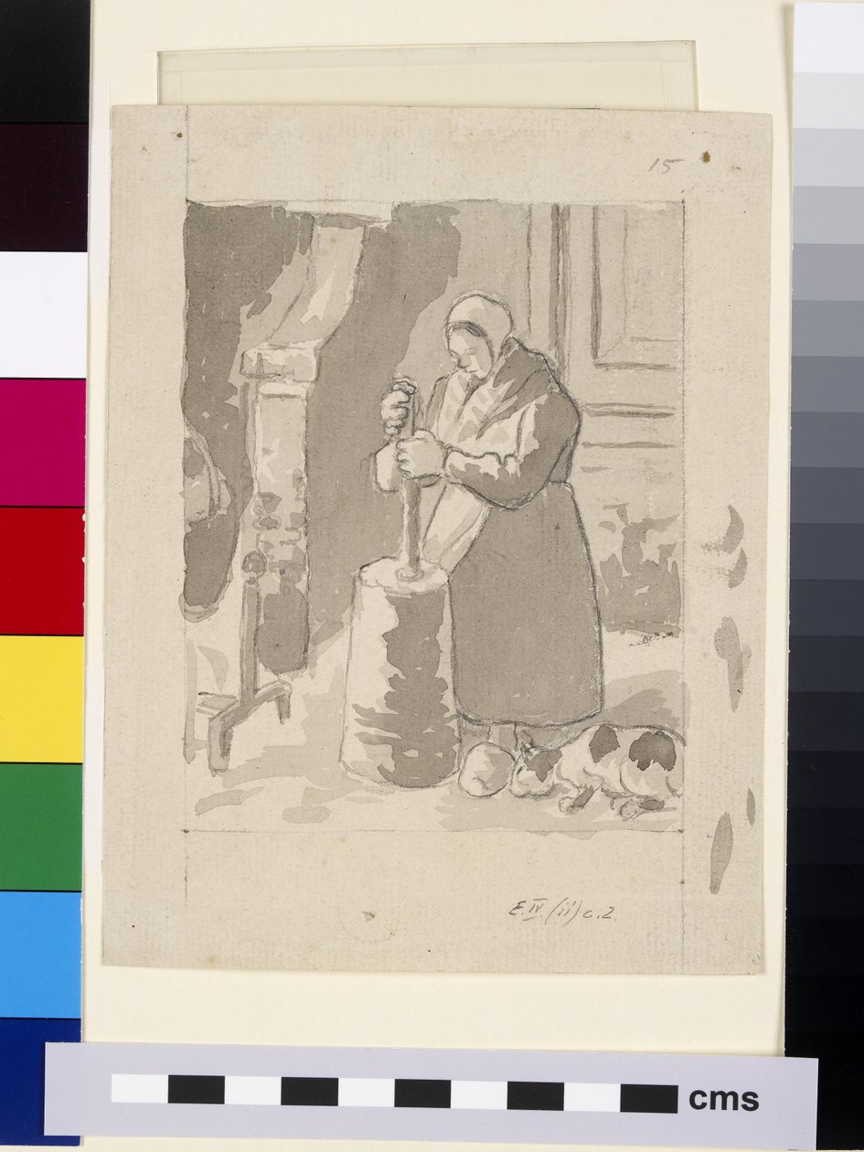 Kompoziční studie rolnice vyrábějící máslo (šedá barva & čínská bílá přes černou křídu na papíře) od Camille Jacob Pissarro