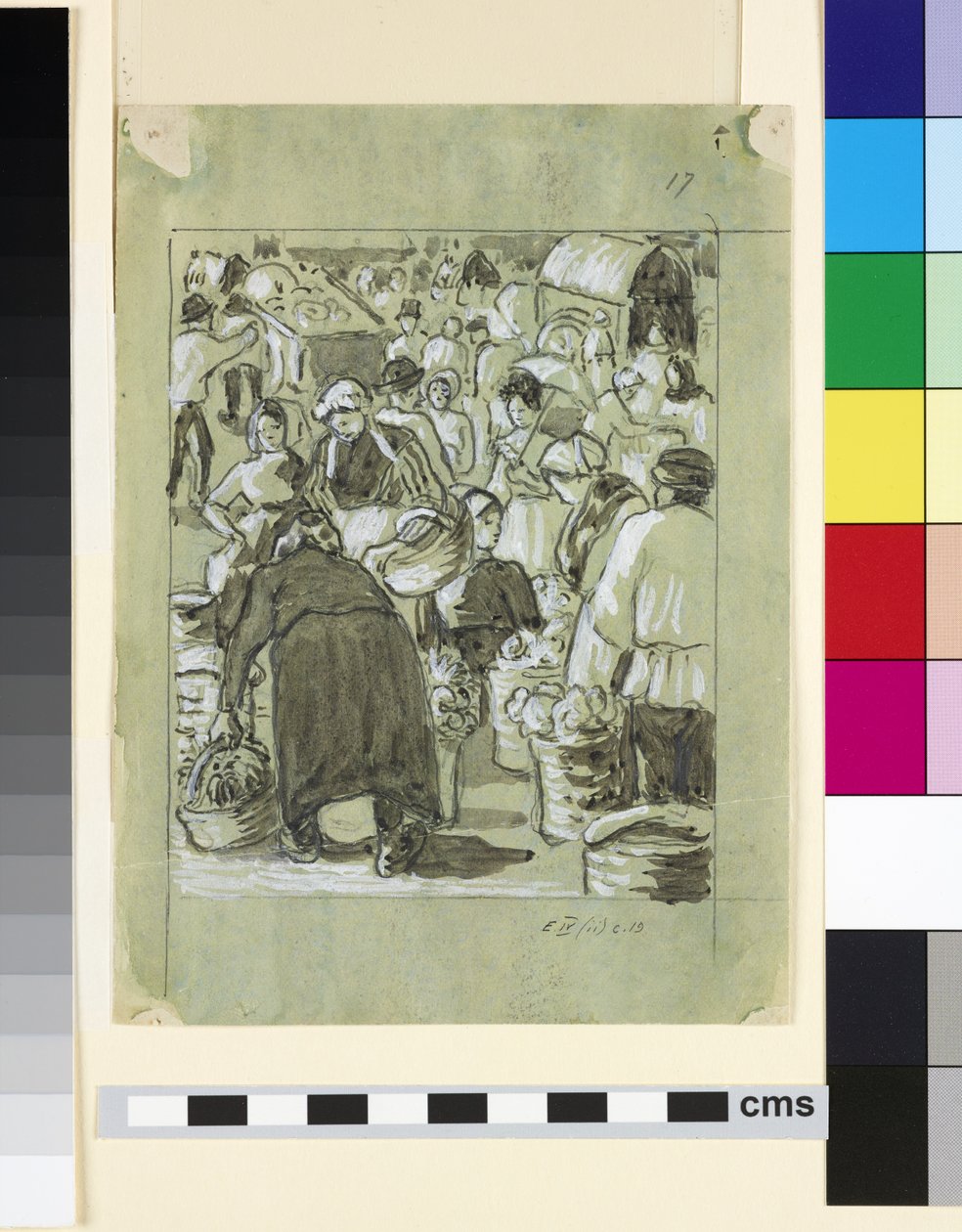 Kompoziční studie trhu (šedá barva s čínskou bílou na papíře) od Camille Jacob Pissarro