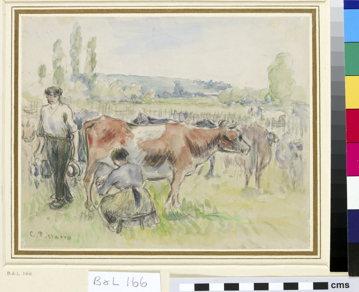 Kompoziční studie scény dojení v Eragny-sur-Epte (čb na černé křídě na papíře) od Camille Jacob Pissarro