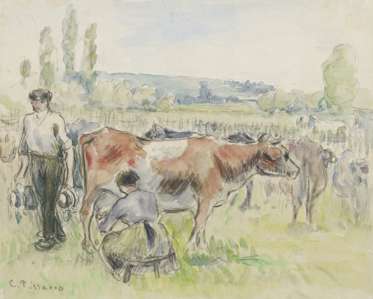 Kompoziční studie scény dojení v Eragny-sur-Epte, 1884 (akvarel přes černou křídu) od Camille Jacob Pissarro