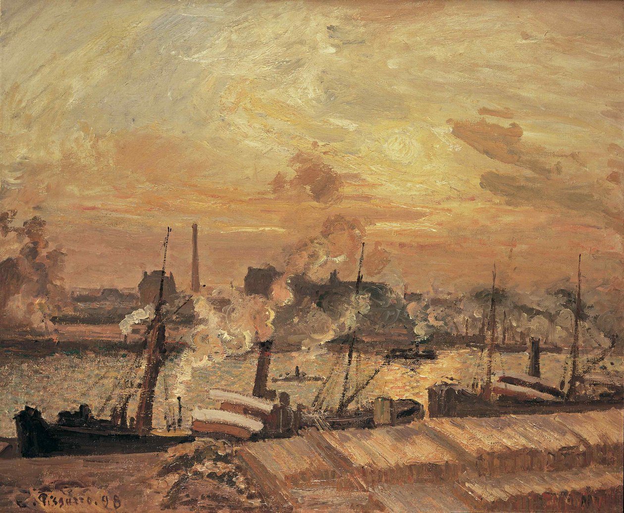 Déchargement de bois, quai de la Bourse, coucher de soleil, 1898. od Camille Jacob Pissarro