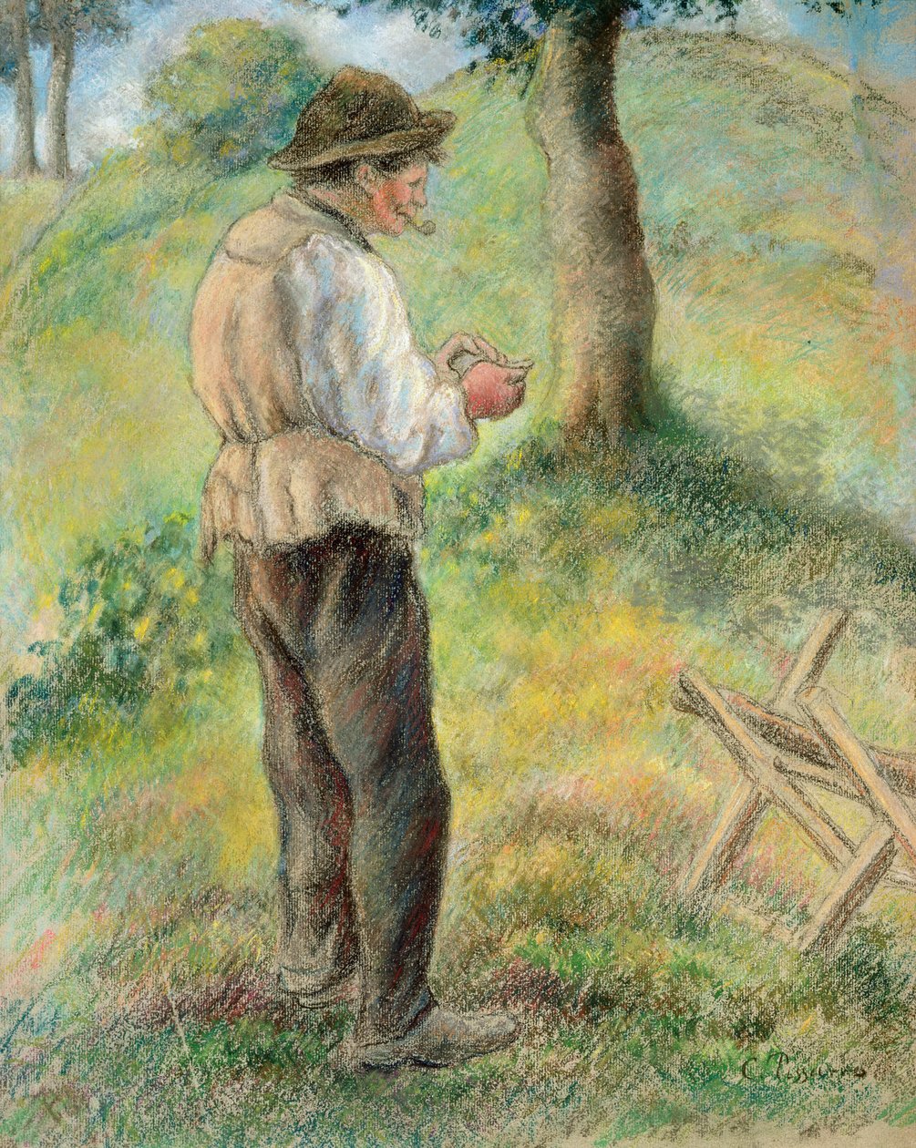 Otec Meloun zapalující dýmku, kolem roku 1879 od Camille Jacob Pissarro