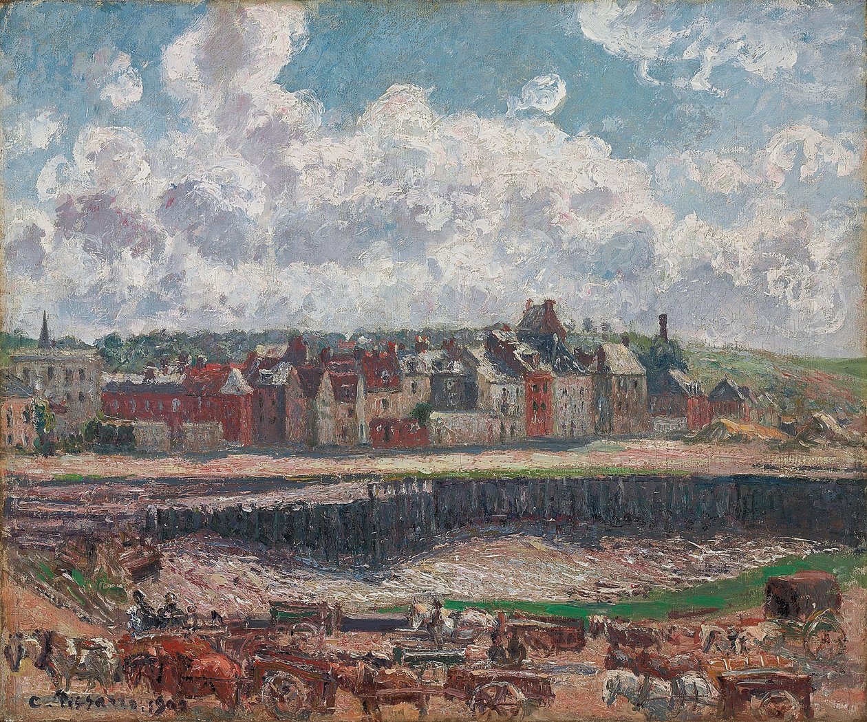 Koně a vozy před rybářským přístavem, Dieppe, při odlivu; Koně a vozy před rybářským dokem, Dieppe, odliv, 1902 od Camille Jacob Pissarro