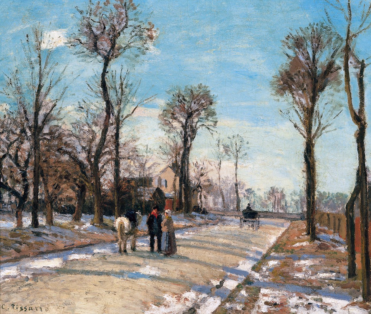 Cesta do Versailles, Louveciennes, Zimní slunce a sníh, c. 1870 od Camille Jacob Pissarro