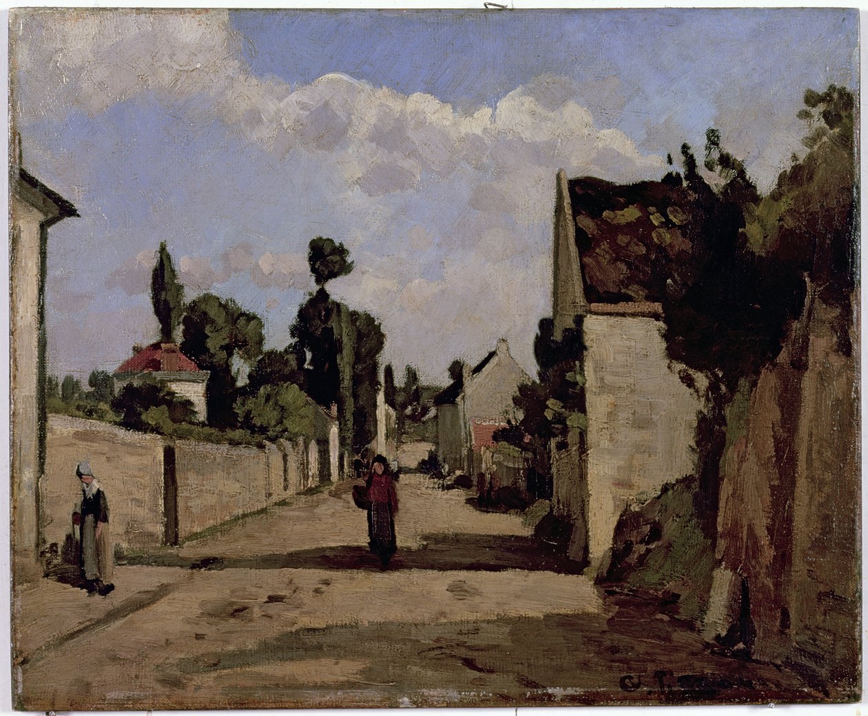 Rue de lHermitage, Pontoise, cca 1867 (olej na plátně připevněno na panelu) od Camille Jacob Pissarro