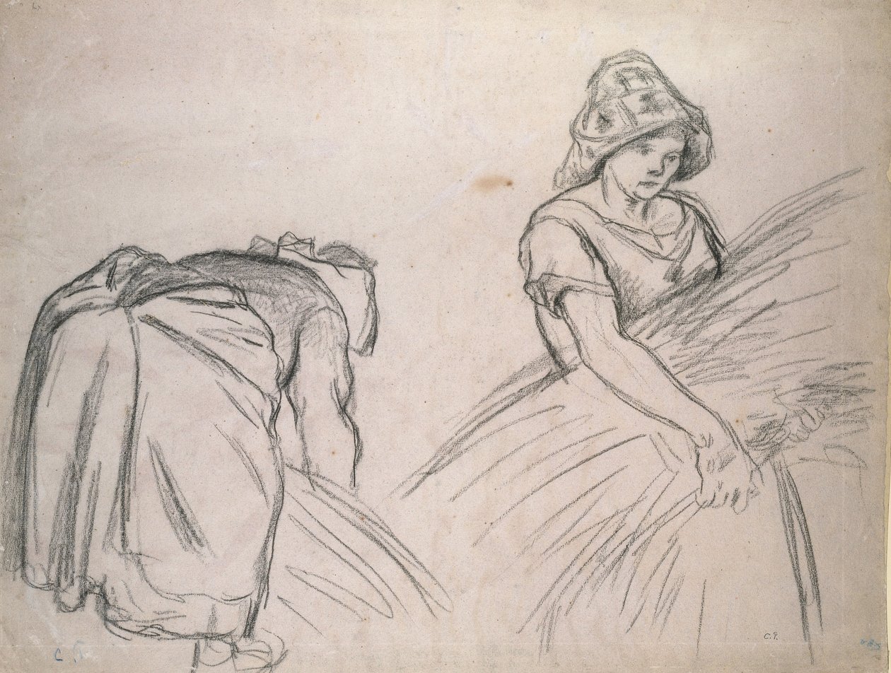 Study of Two Female Harvesters, 1882 (černá křída na růžovém papíře s bílou) od Camille Jacob Pissarro