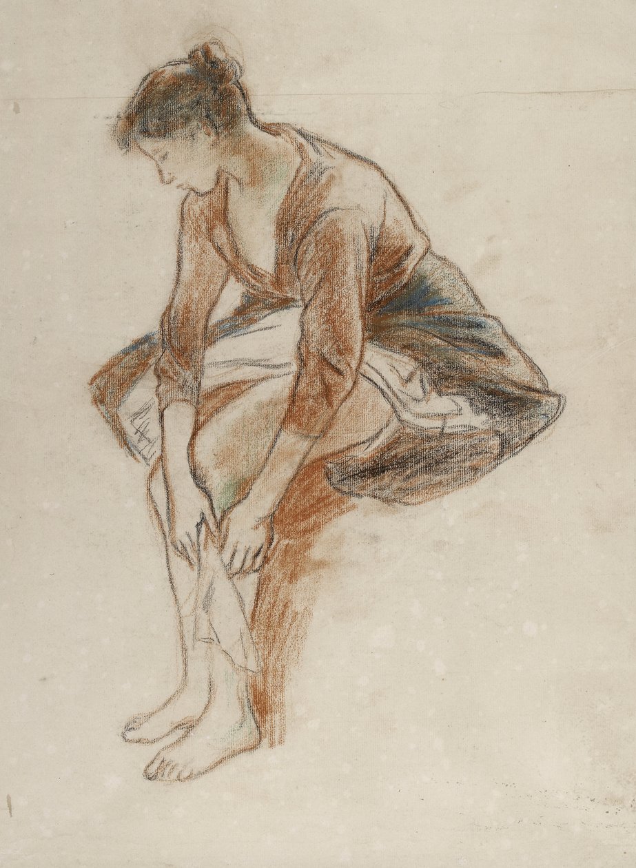 Studie mladé ženy koupající si nohy (barevné křídy s pastelem na papíře) od Camille Jacob Pissarro