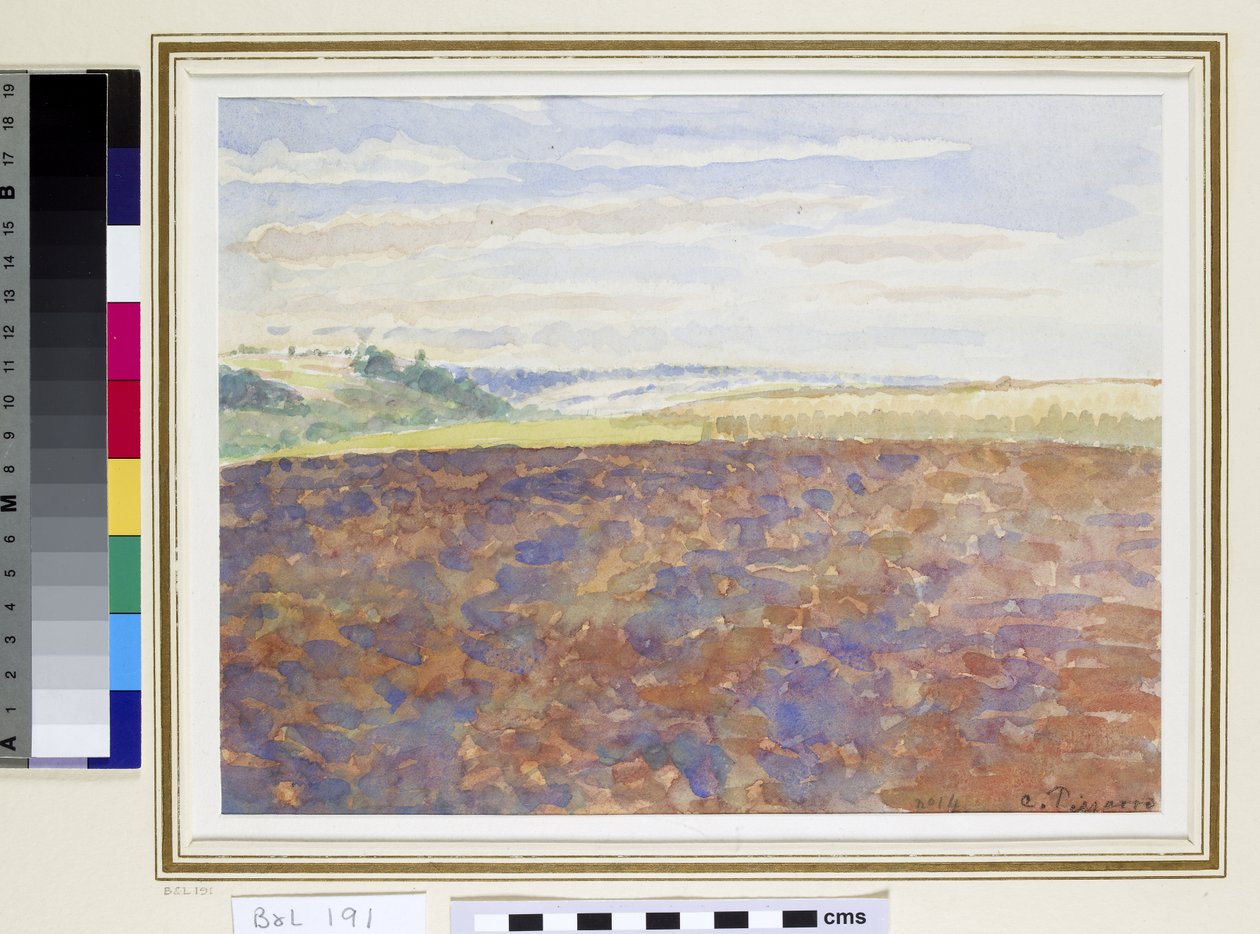 Studie krajiny s oraným polem, Eragny-sur-Epte, kolem 1887-89 (wc na papíře) od Camille Jacob Pissarro