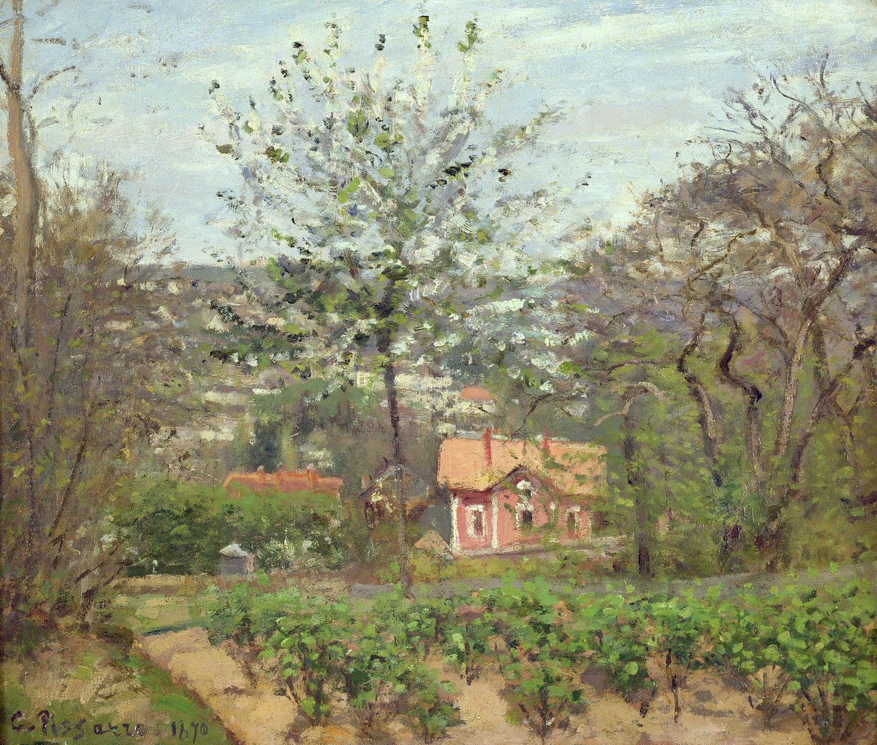 Chata nebo růžový dům - Hamlet létajícího srdce, 1870 od Camille Jacob Pissarro
