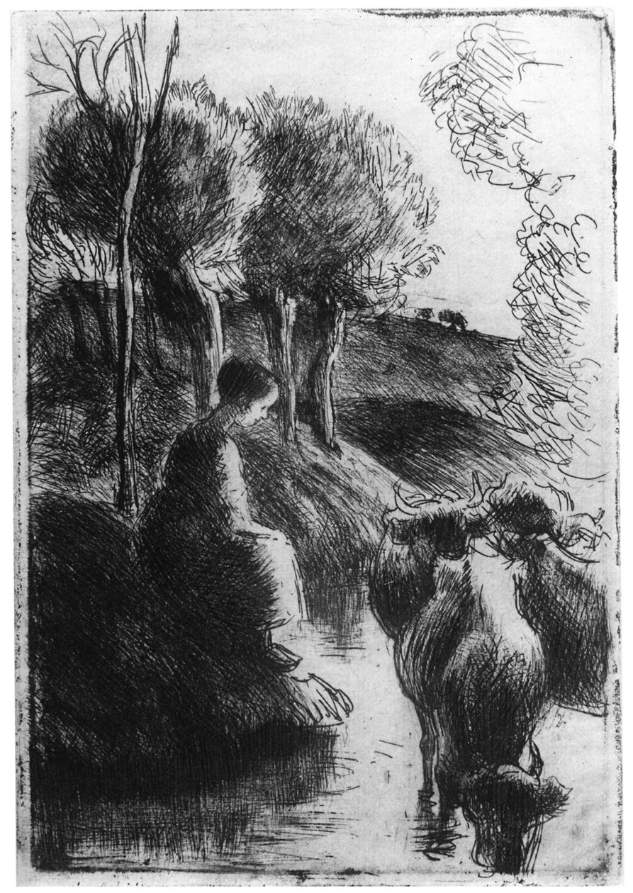 Vachere au Bord de Leau, pastevec krav u vody, c1850-1900 1924 od Camille Jacob Pissarro