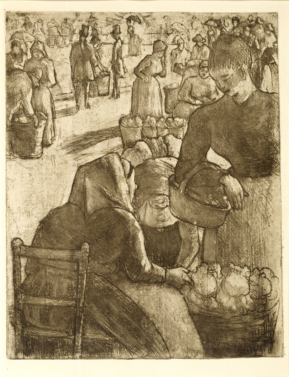 Zeleninový trh v Pontoise, 1891 (měkký lept a akvatinta) od Camille Jacob Pissarro