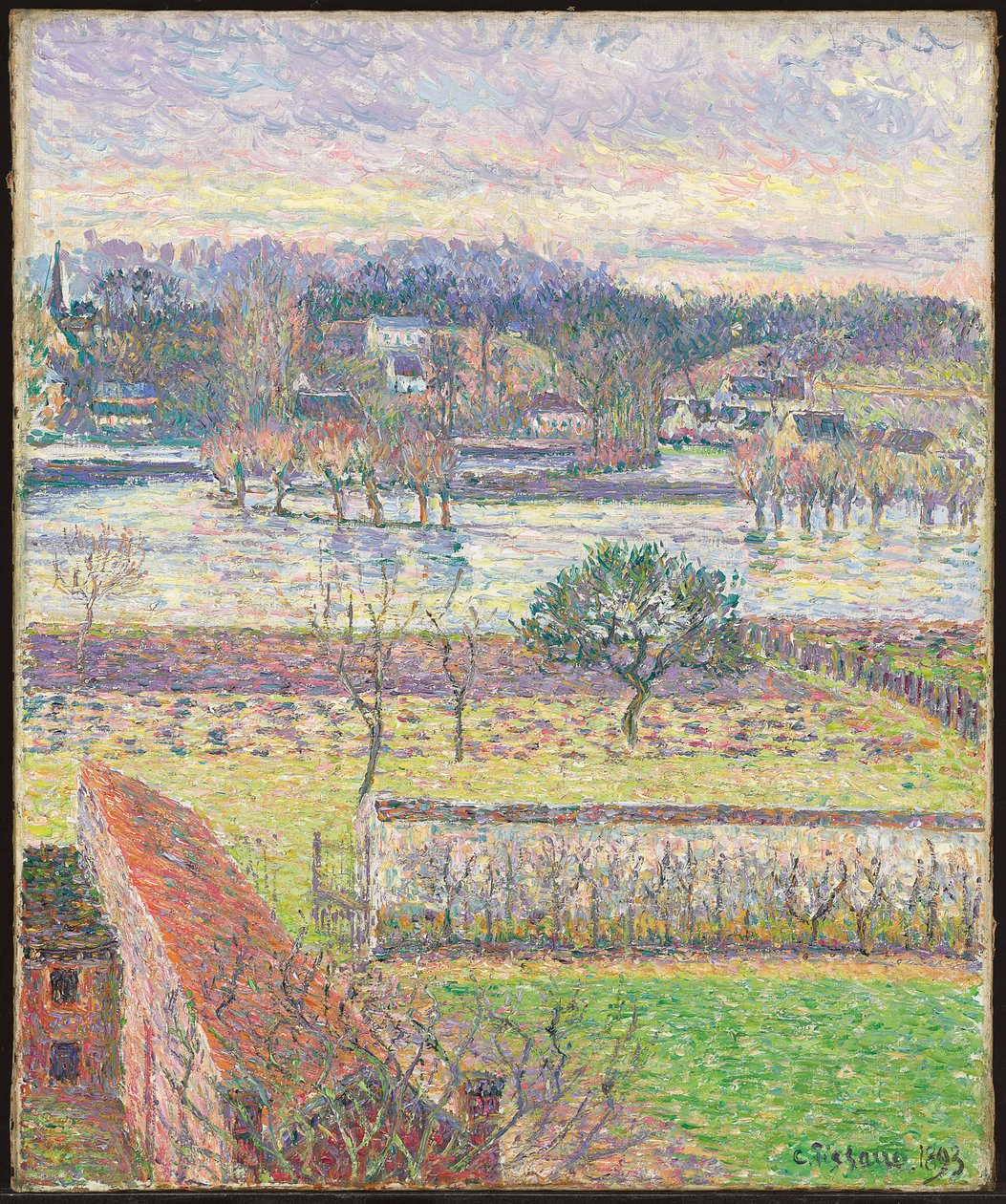 Pohled z mého okna, záplava, večer, Eragny; Pohled z mého okna, povodeň, večerní efekt, Eragny, 1893 od Camille Jacob Pissarro
