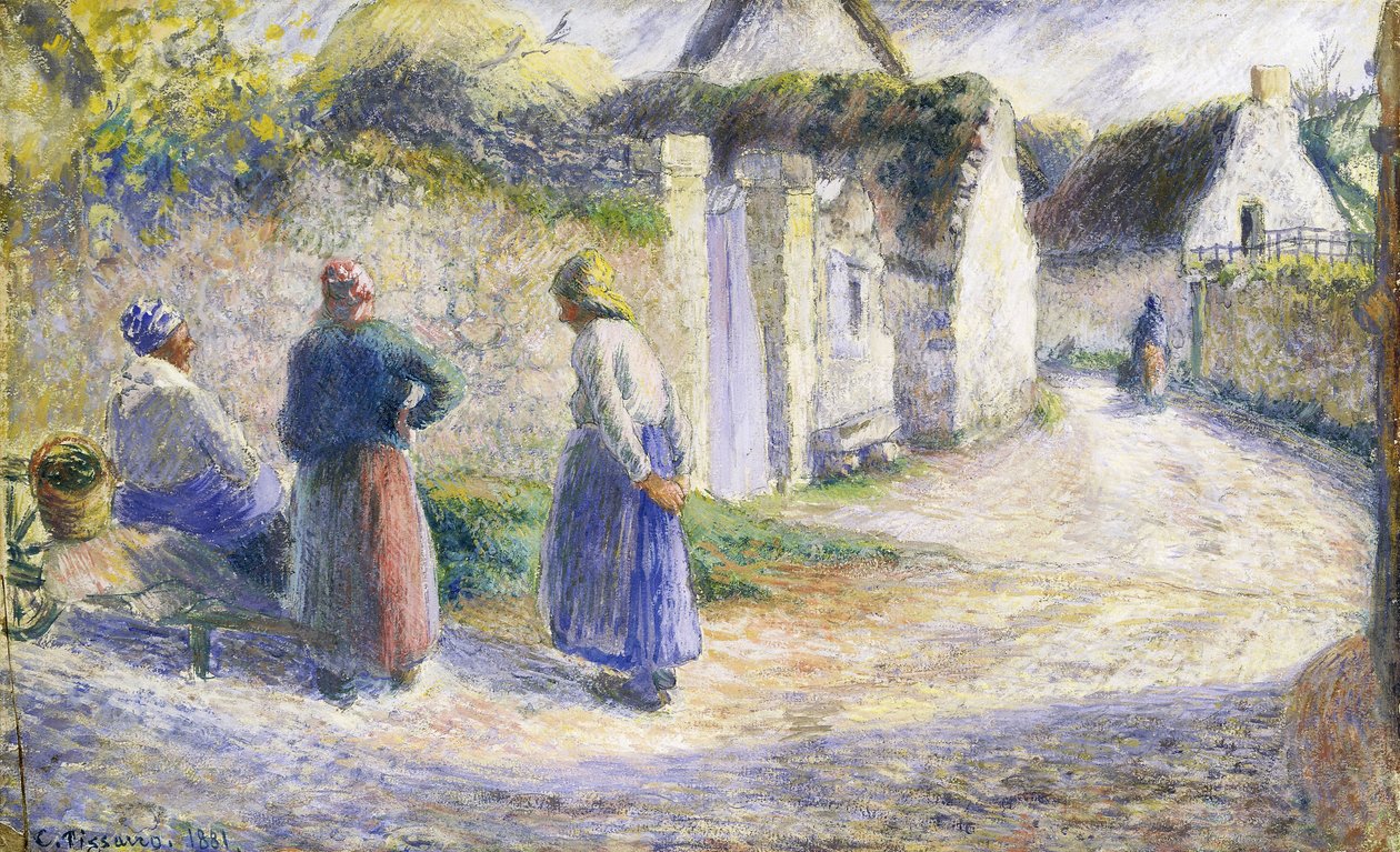 Vesnická ulice se třemi lidmi napravo od Camille Jacob Pissarro