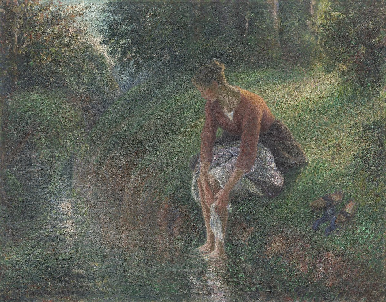 Žena koupající si nohy v potoce, 1894-95 od Camille Jacob Pissarro