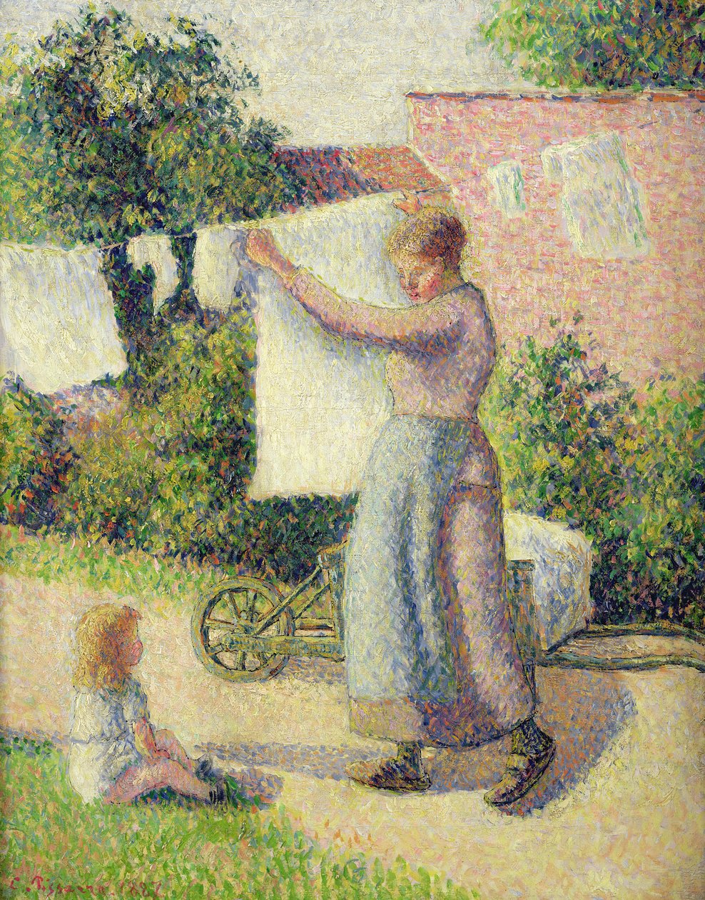 Žena věší prádlo, 1887 od Camille Jacob Pissarro