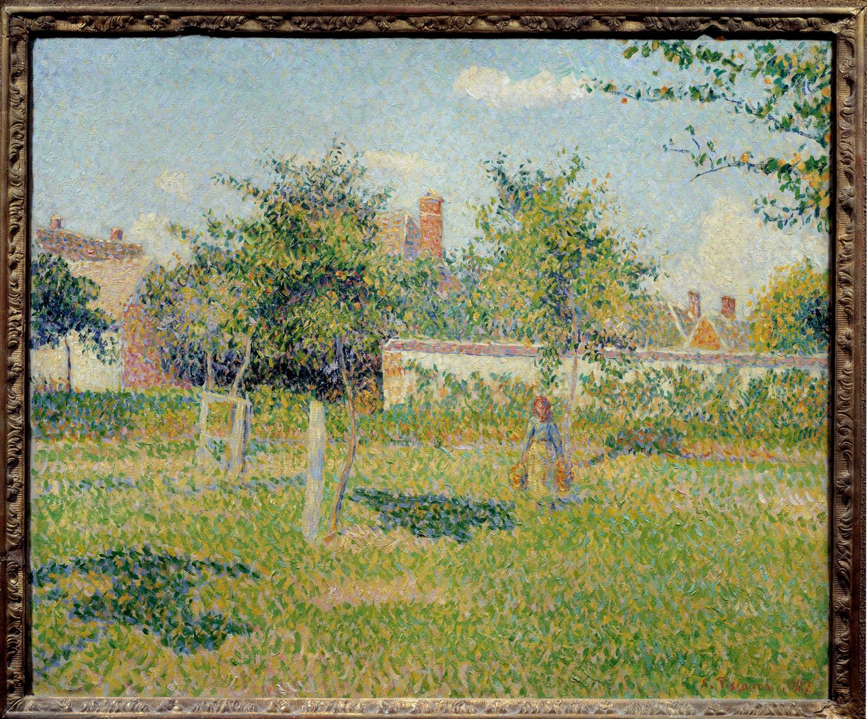 Žena v plátně aneb „Jarní slunce v Pre of Eragny““ Obraz Camille Pissarro (1830-1903) 1887 Sun. 0,54x0,65 m Paříž, musee d