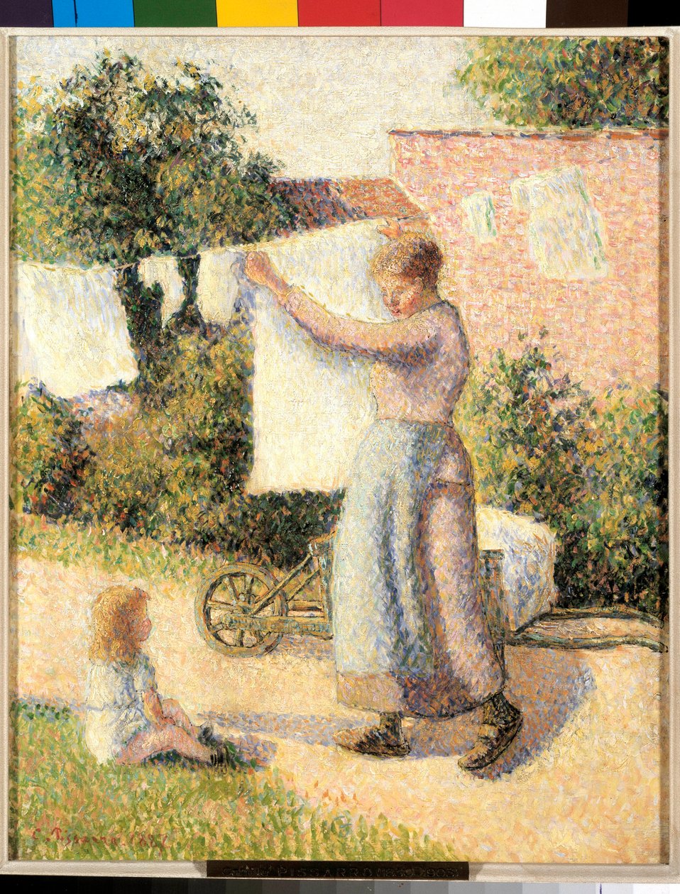 Žena natahující prádlo Obraz Camille Pissarro (1830-1903) 1887. Rozm. 0,41 x 0,32 m Paříž, musee d