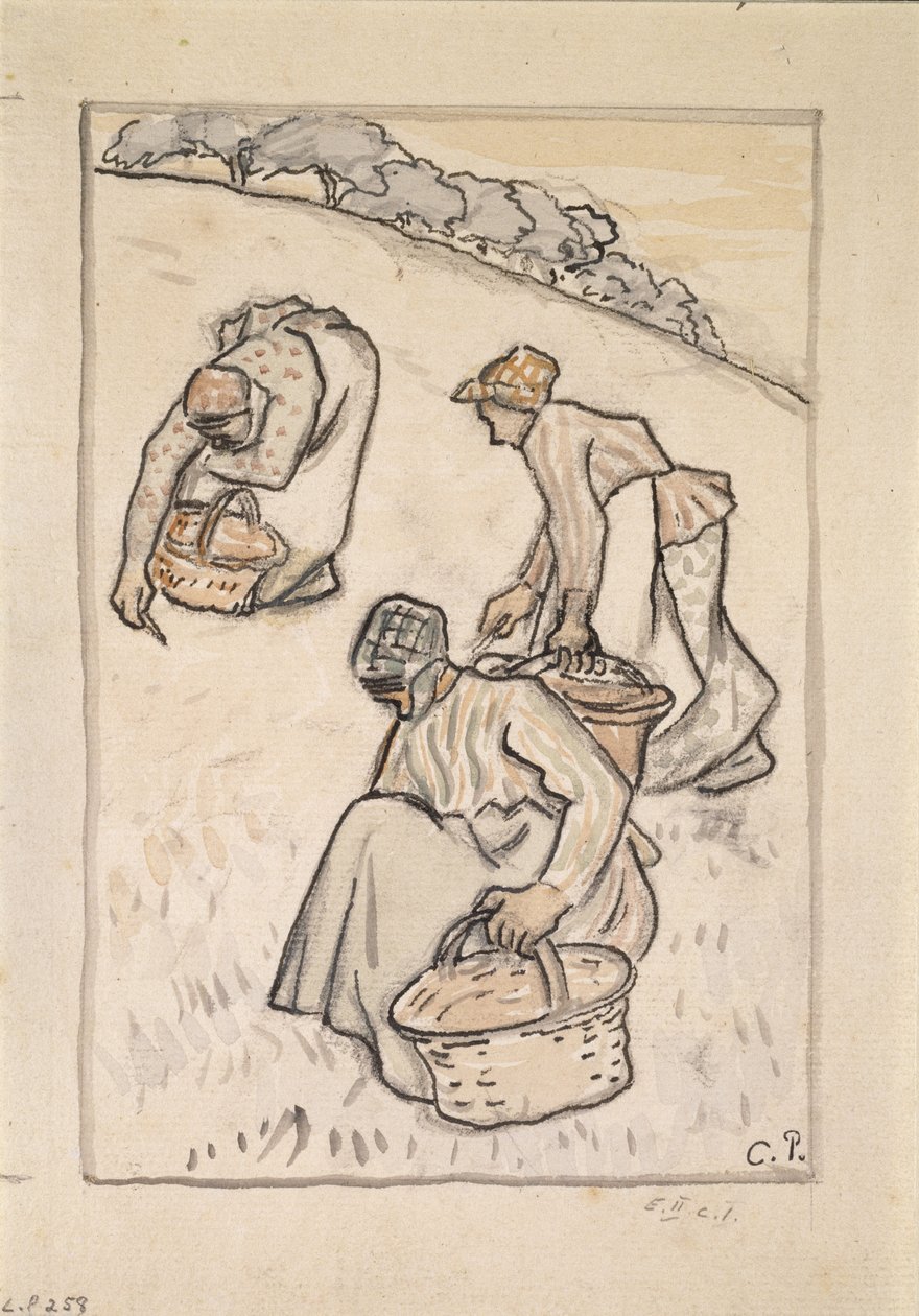 Ženy plející trávu (pero a inkoust s wc přes dřevěné uhlí na papíře) od Camille Jacob Pissarro