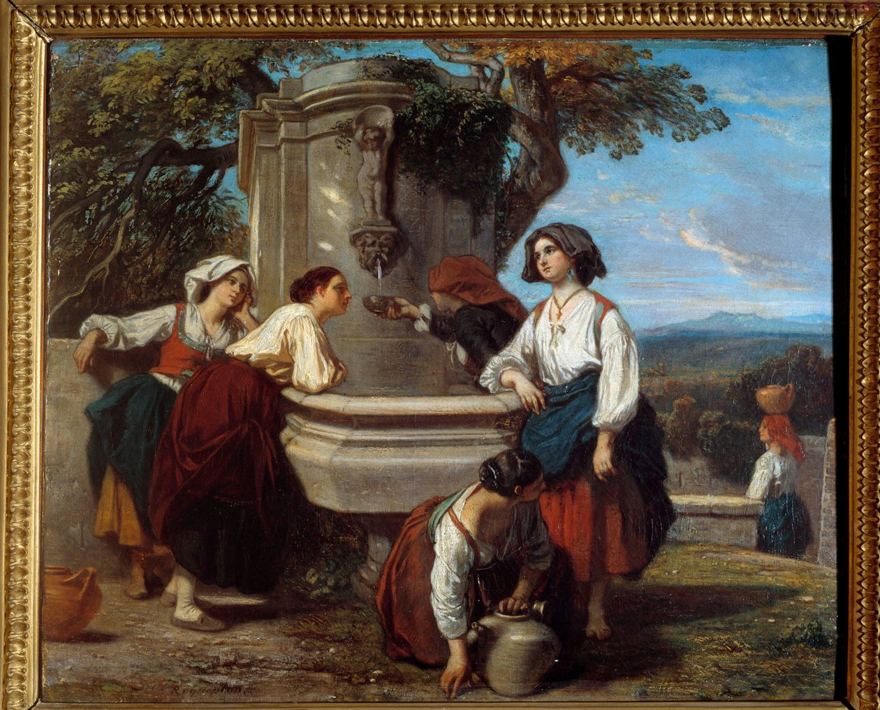 Ossaloise u fontány Farmáři z údolí Ossau se scházejí, aby diskutovali u fontány. Obraz Camille Roqueplan (1803-1855) od Camille Joseph Etienne Roqueplan