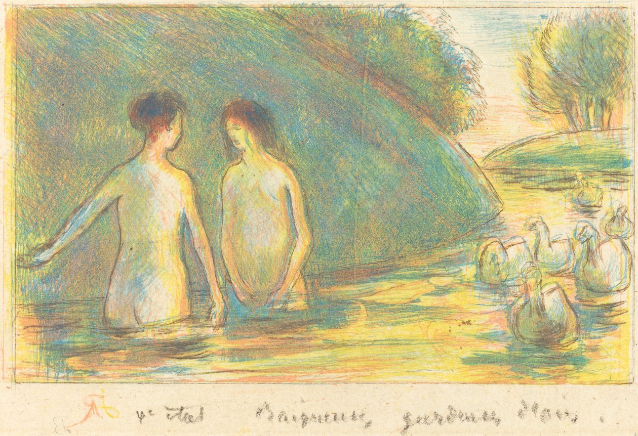 koupající se, chovatelé hus koupači chovat husy, c. 1895. od Camille Pissarro