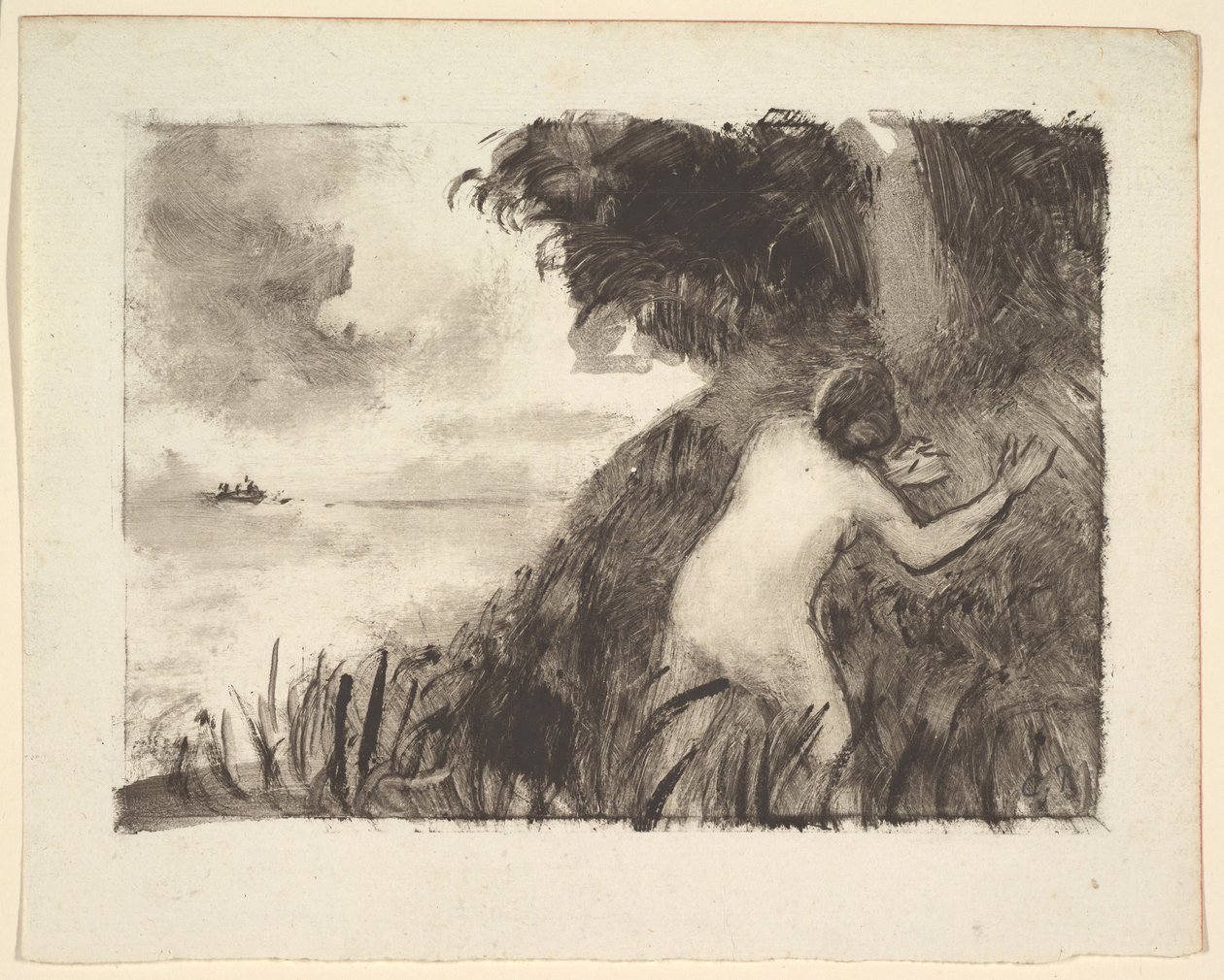 Bather stojící mezi trávami na břehu, ca. 1894. od Camille Jacob Pissarro