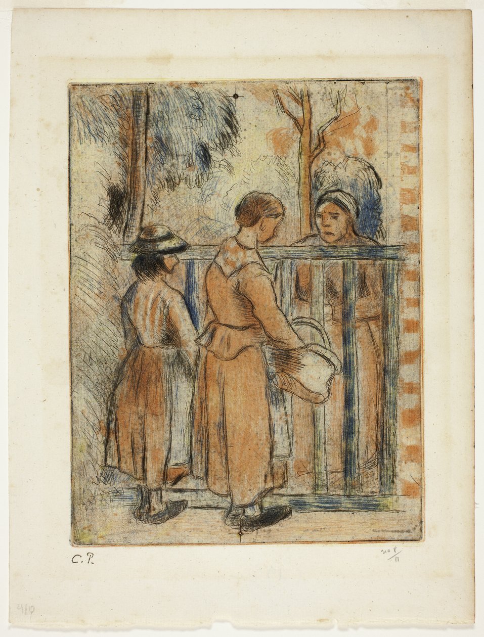 Žebrající ženy, asi 1894 (barevný lept, suchá jehla a akvatinta na slonovinovém papíře) od Camille Pissarro