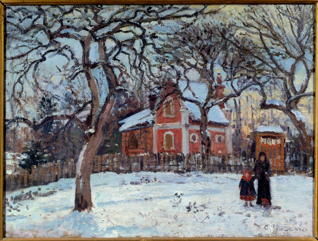 Krajina kaštanů a Louveciennes ve sněhu. Obraz Camille Pissarro (1830-1903) 1872 Ne. 0,41x0,52 m Paříž, musee d
