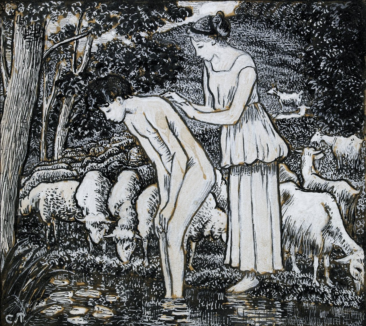 Chloë mytí Dafnis u potoka, kompoziční studie pro ilustraci, c1895 od Camille Pissarro